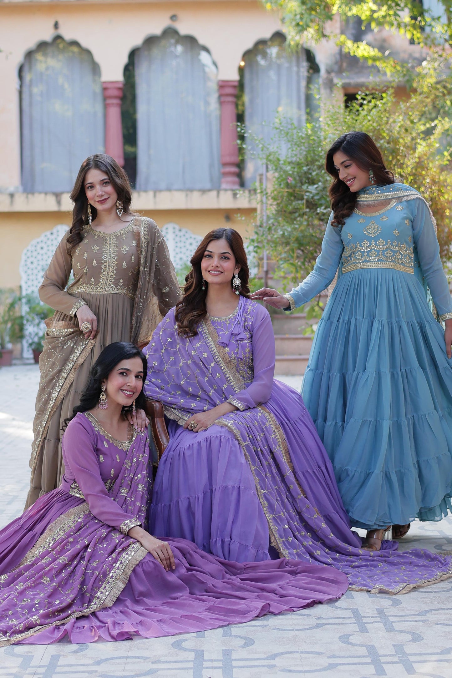 Bright Purple Star Georgette Gown With Dupatta