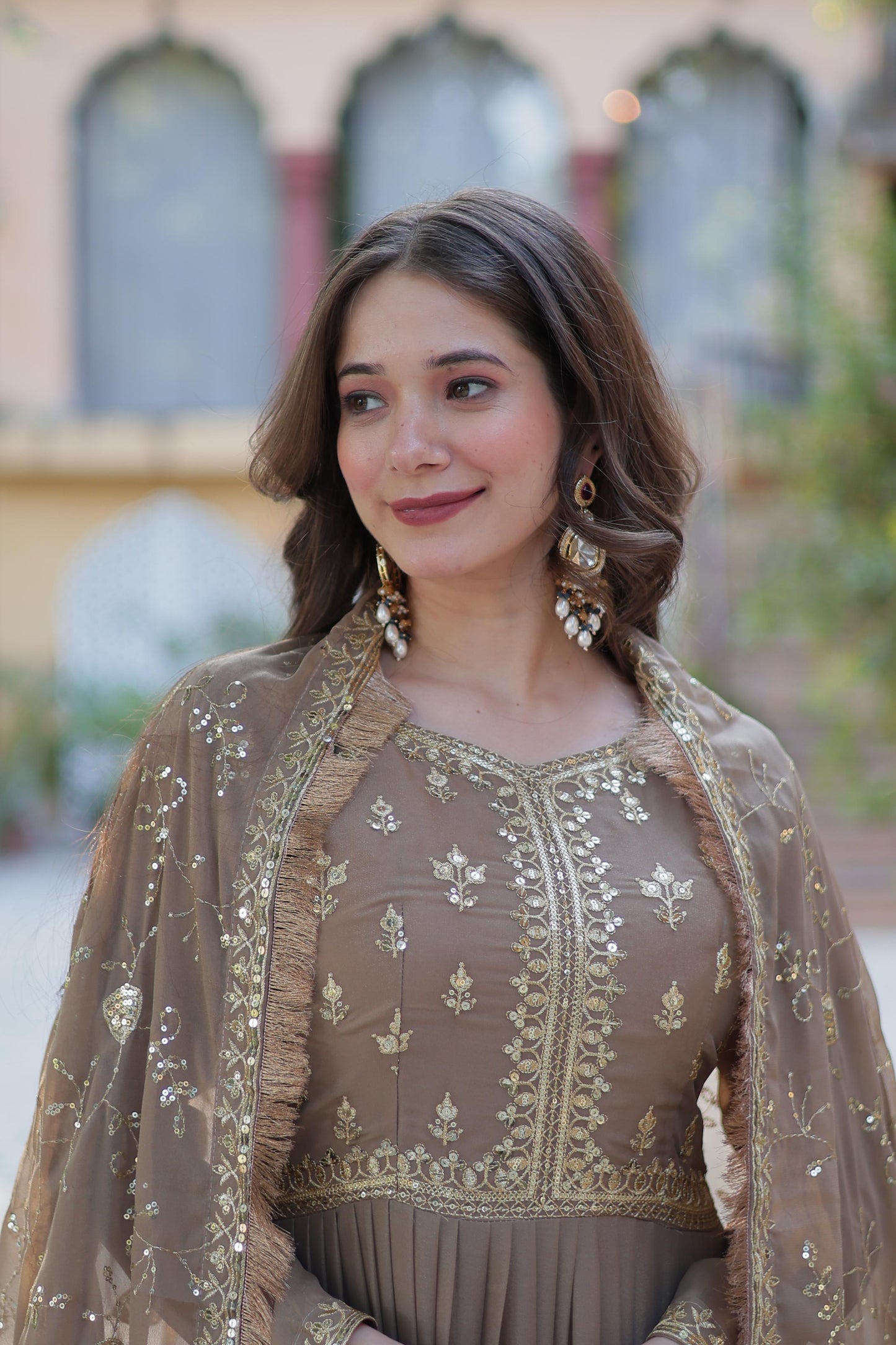 Bright Purple Star Georgette Gown With Dupatta