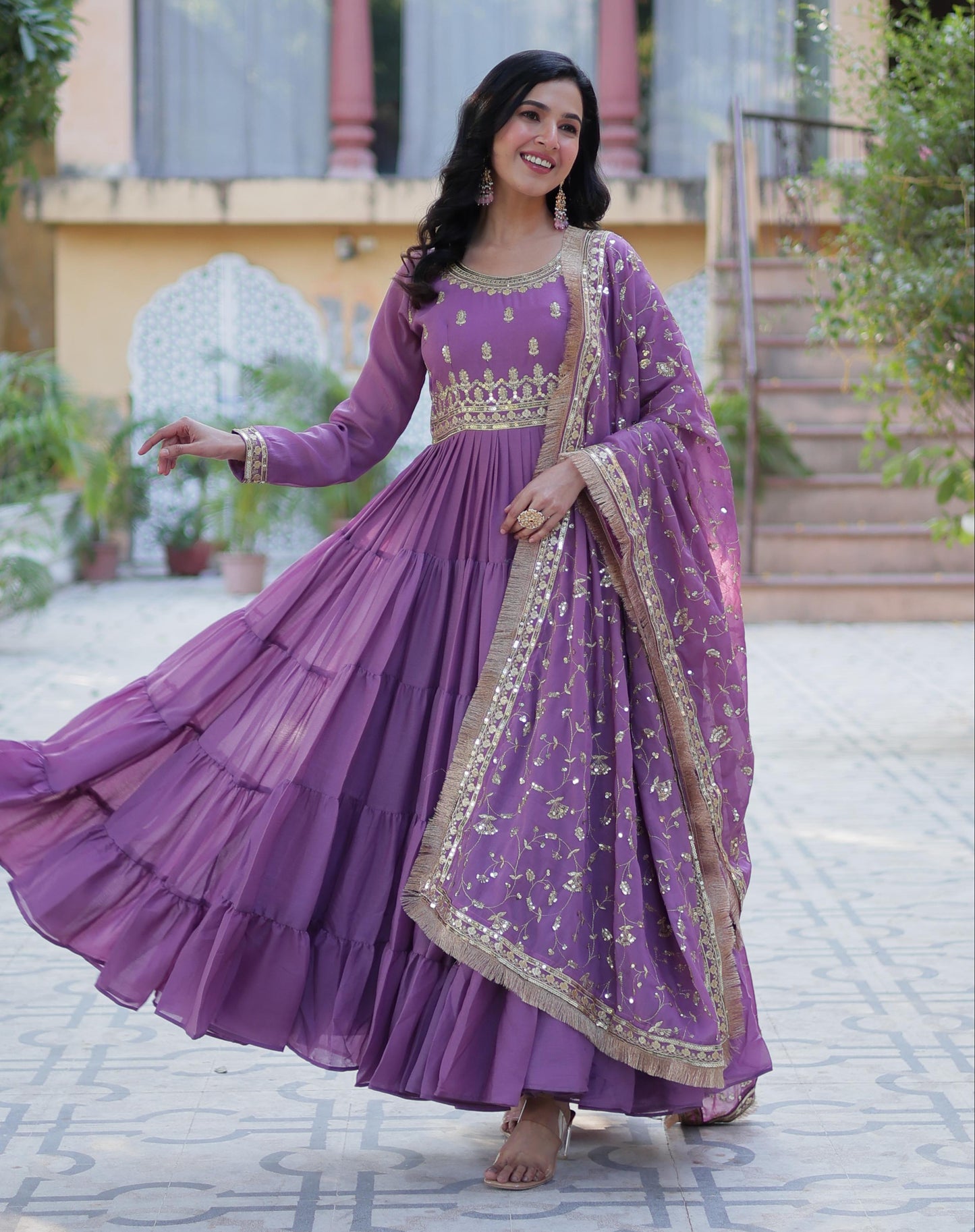 Bright Purple Star Georgette Gown With Dupatta