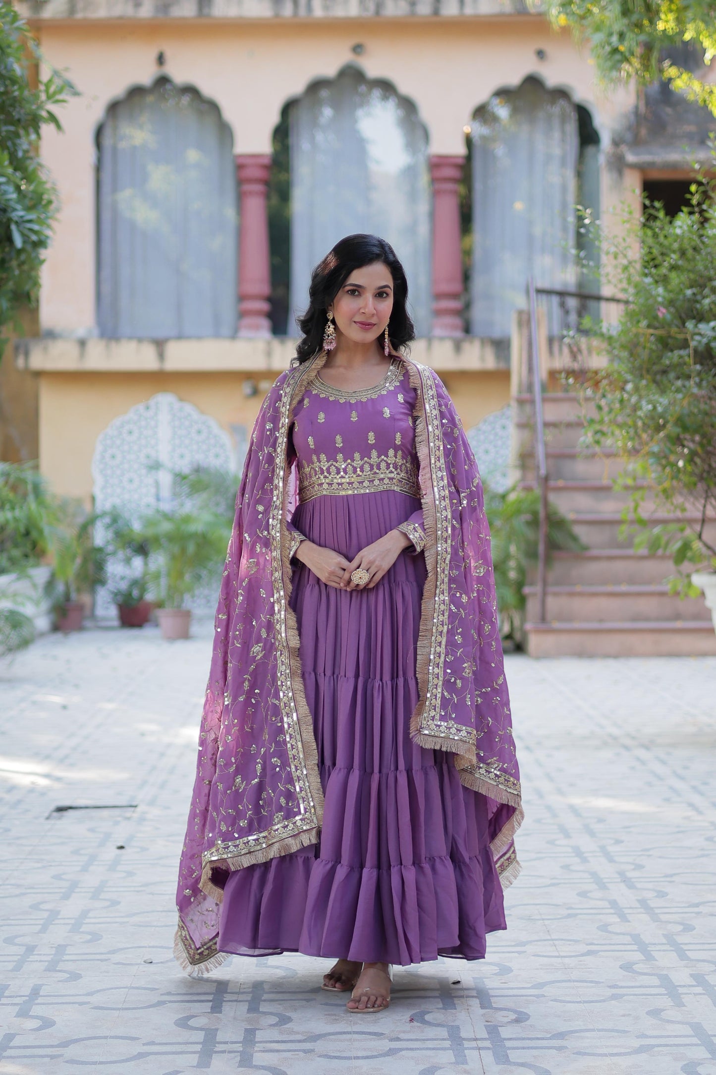 Bright Purple Star Georgette Gown With Dupatta