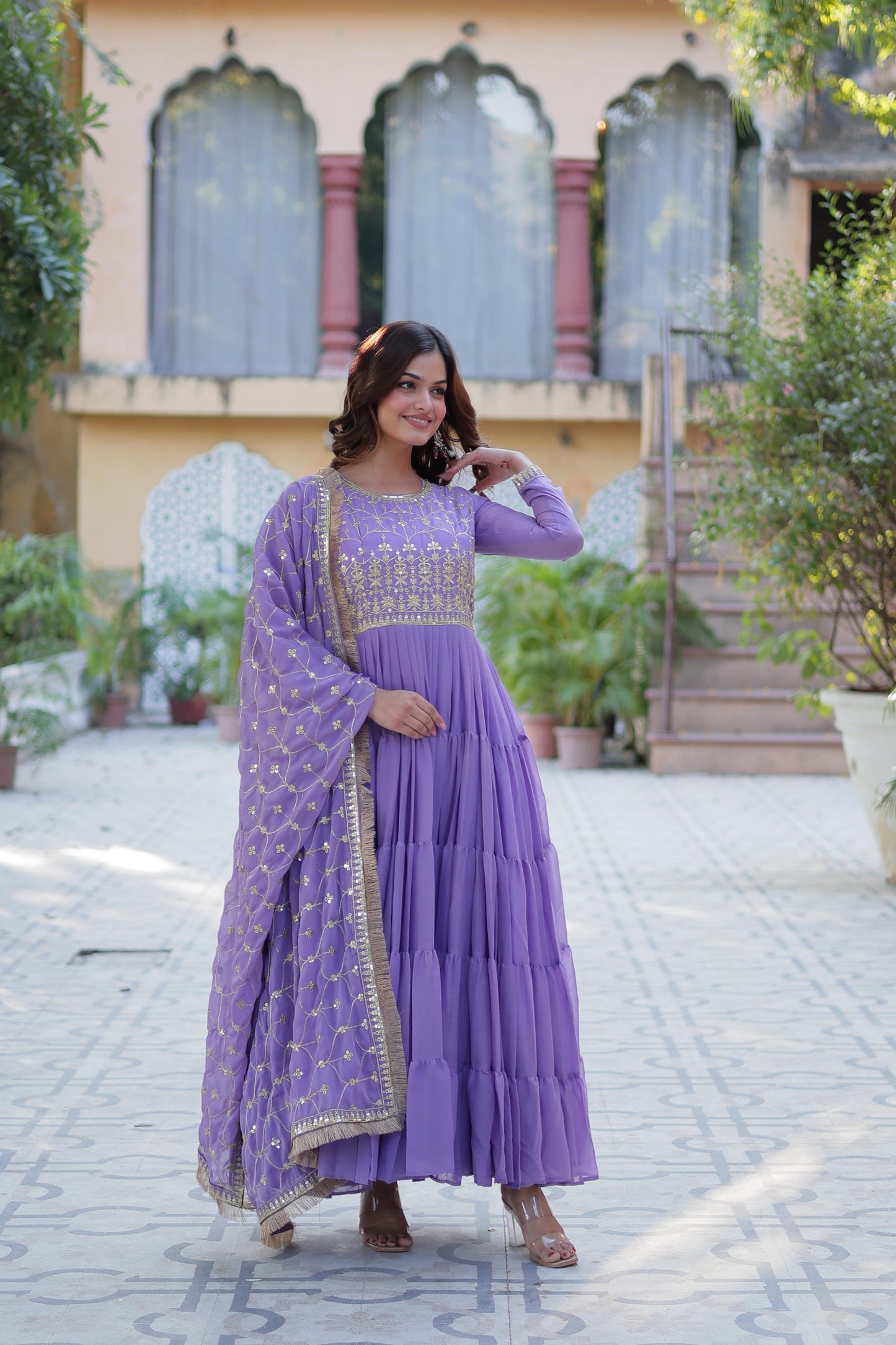 Bright Purple Star Georgette Gown With Dupatta