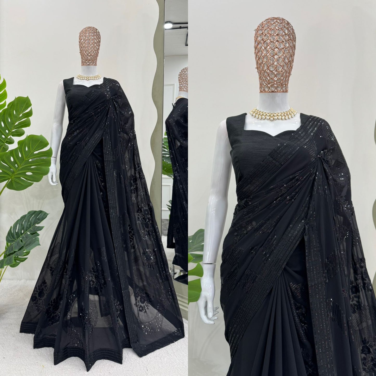 Designer Black Faux Georgette Sequins Work Saree