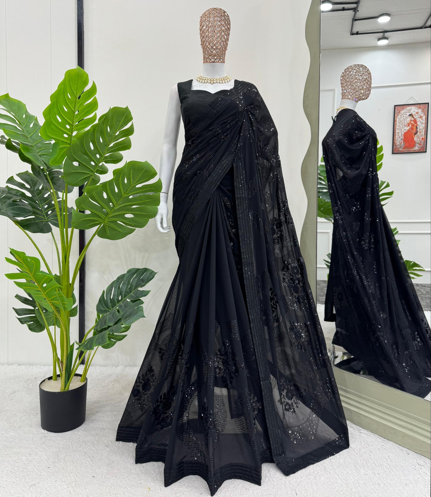 Designer Black Faux Georgette Sequins Work Saree
