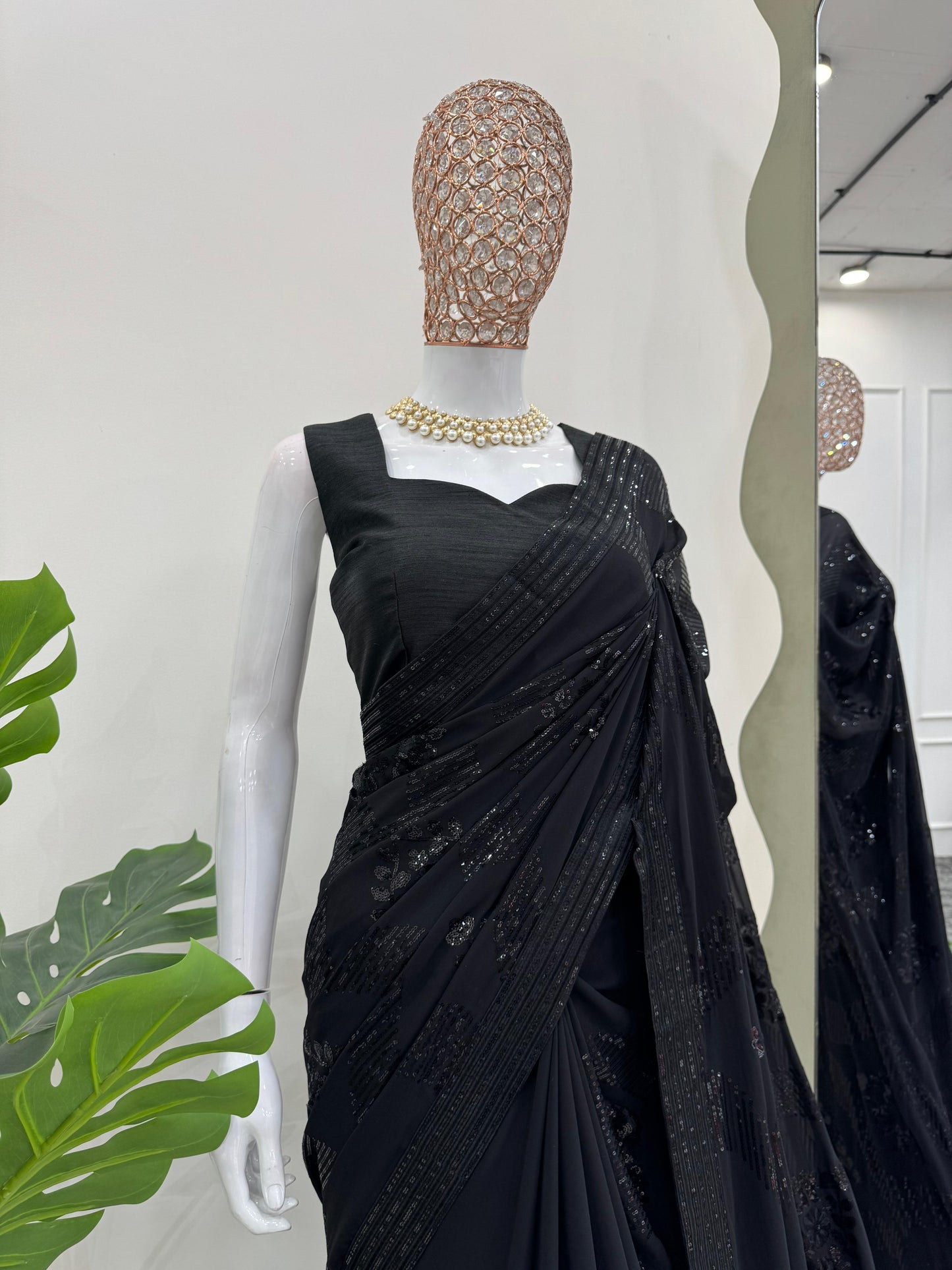 Designer Black Faux Georgette Sequins Work Saree