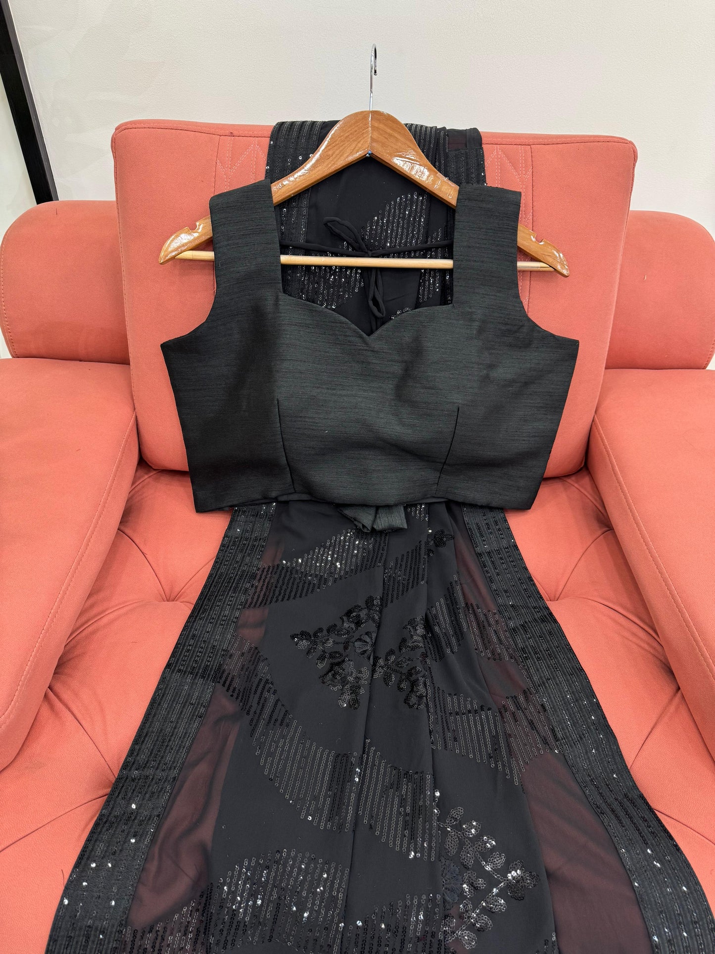 Designer Black Faux Georgette Sequins Work Saree