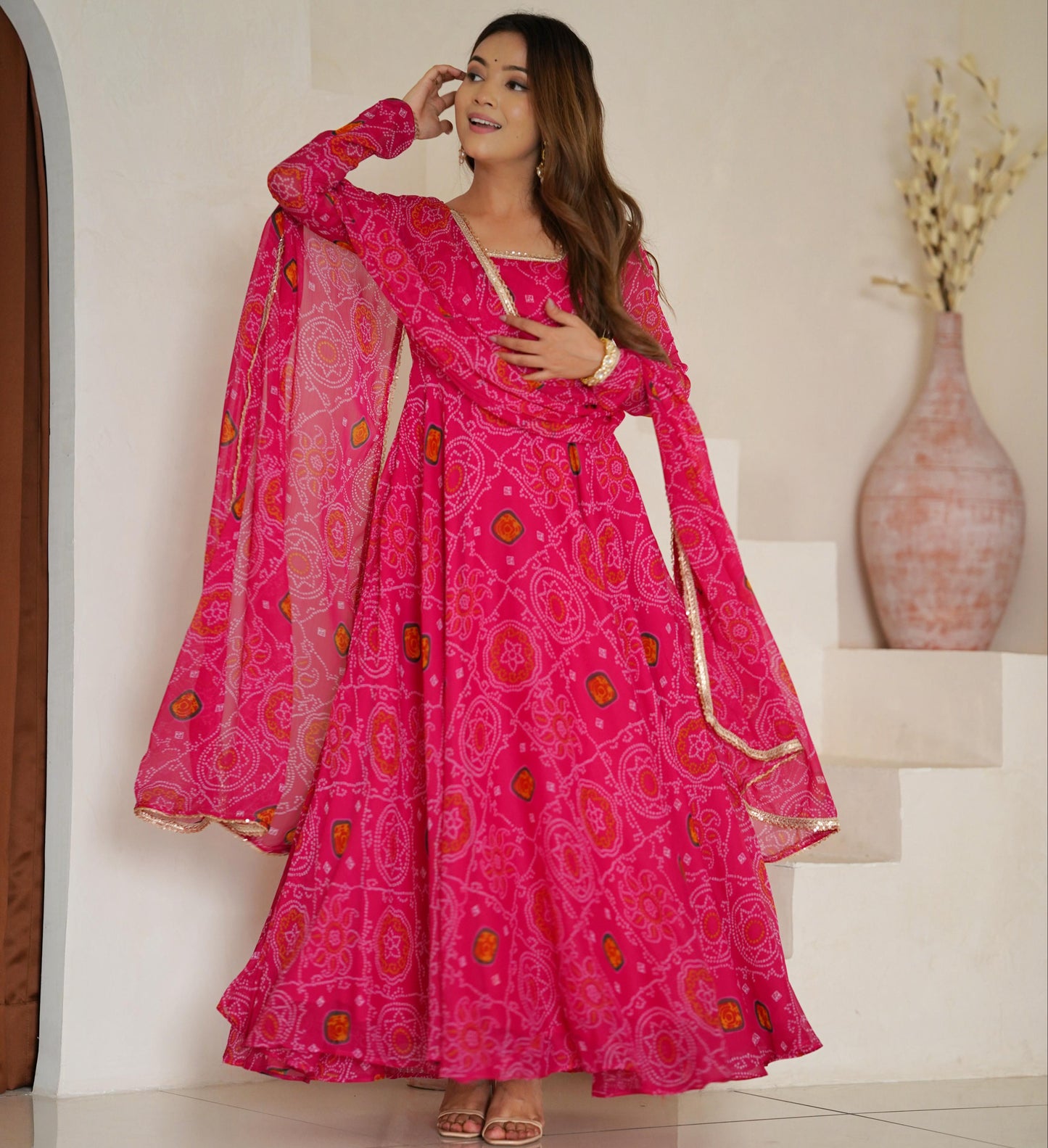 Rani Lightweight Chiffon Bandhej 3pc Kurta Set