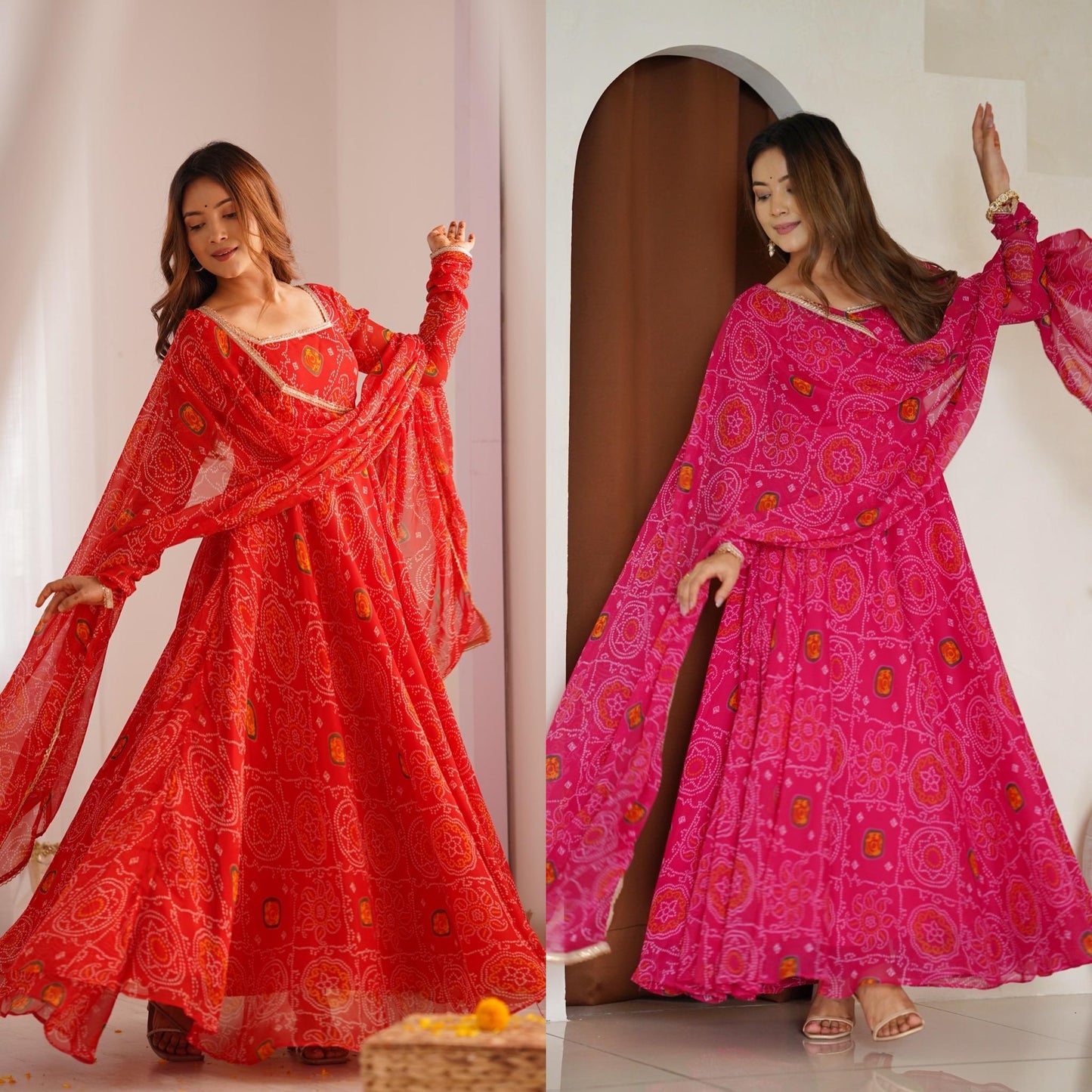 Rani Lightweight Chiffon Bandhej 3pc Kurta Set