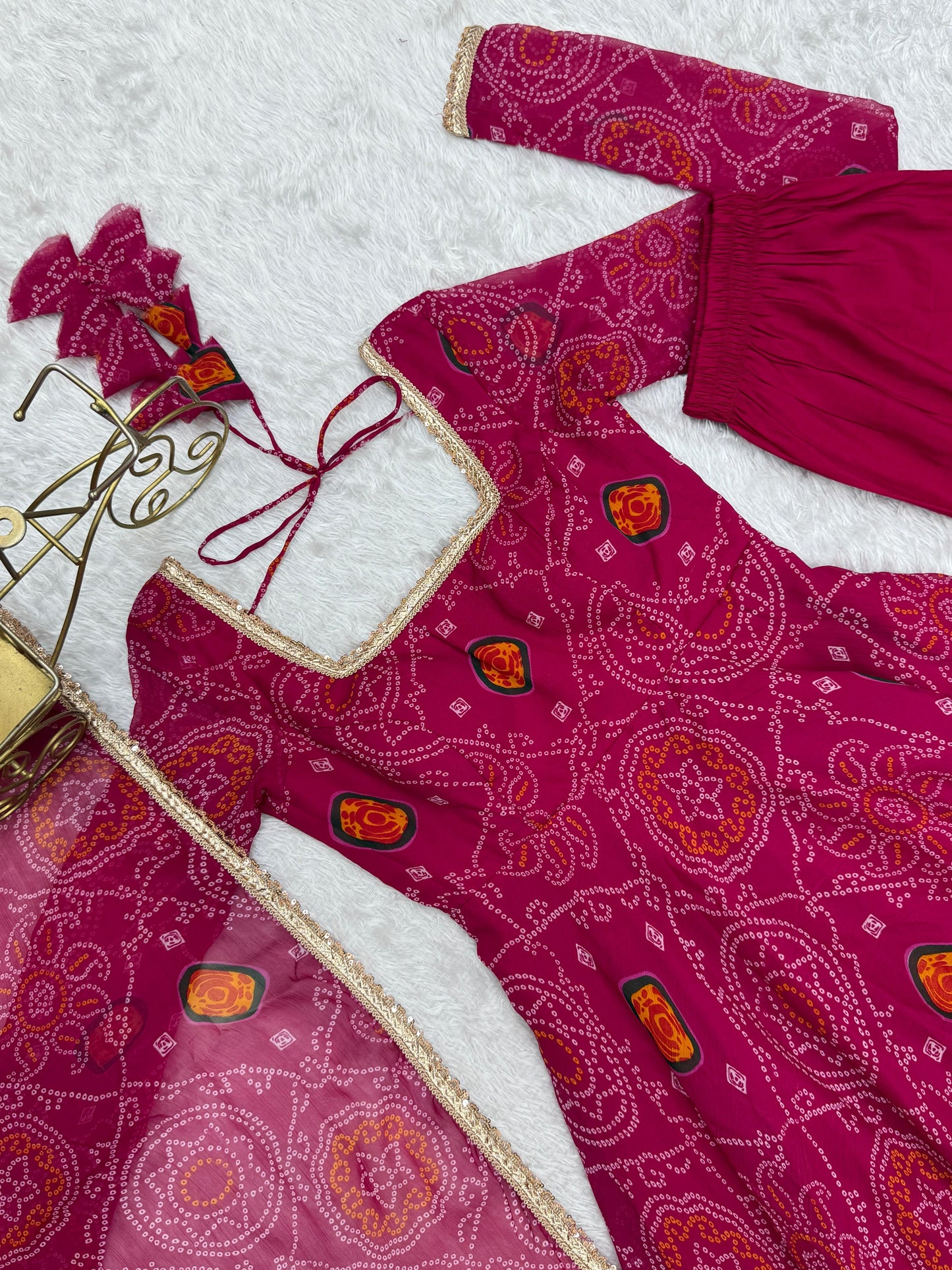 Rani Lightweight Chiffon Bandhej 3pc Kurta Set