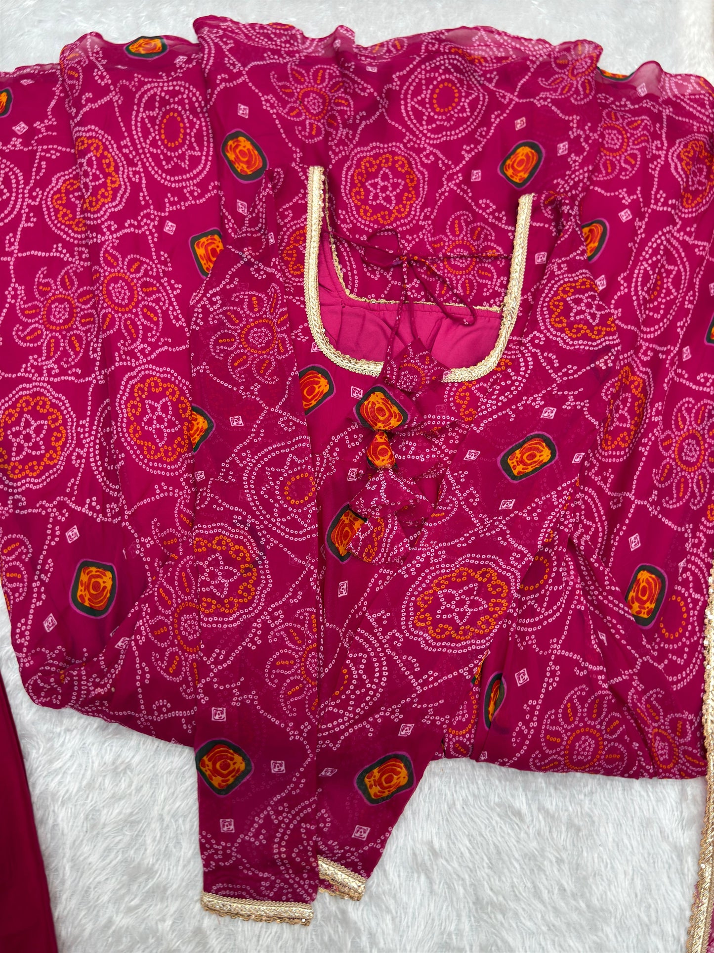 Rani Lightweight Chiffon Bandhej 3pc Kurta Set