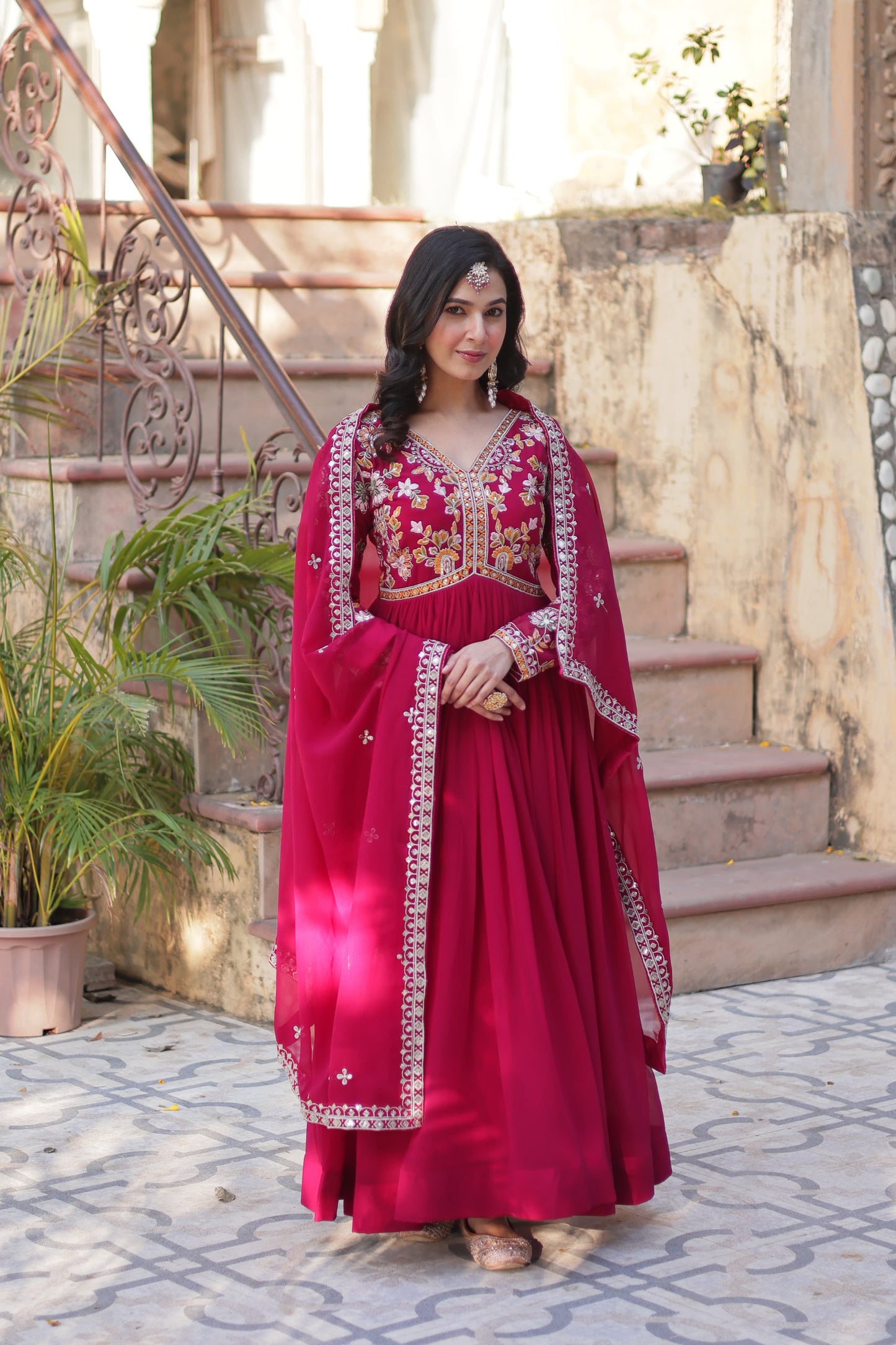 Rani Faux Blooming with Embroidery Zari Sequins Work Gown With Dupatta