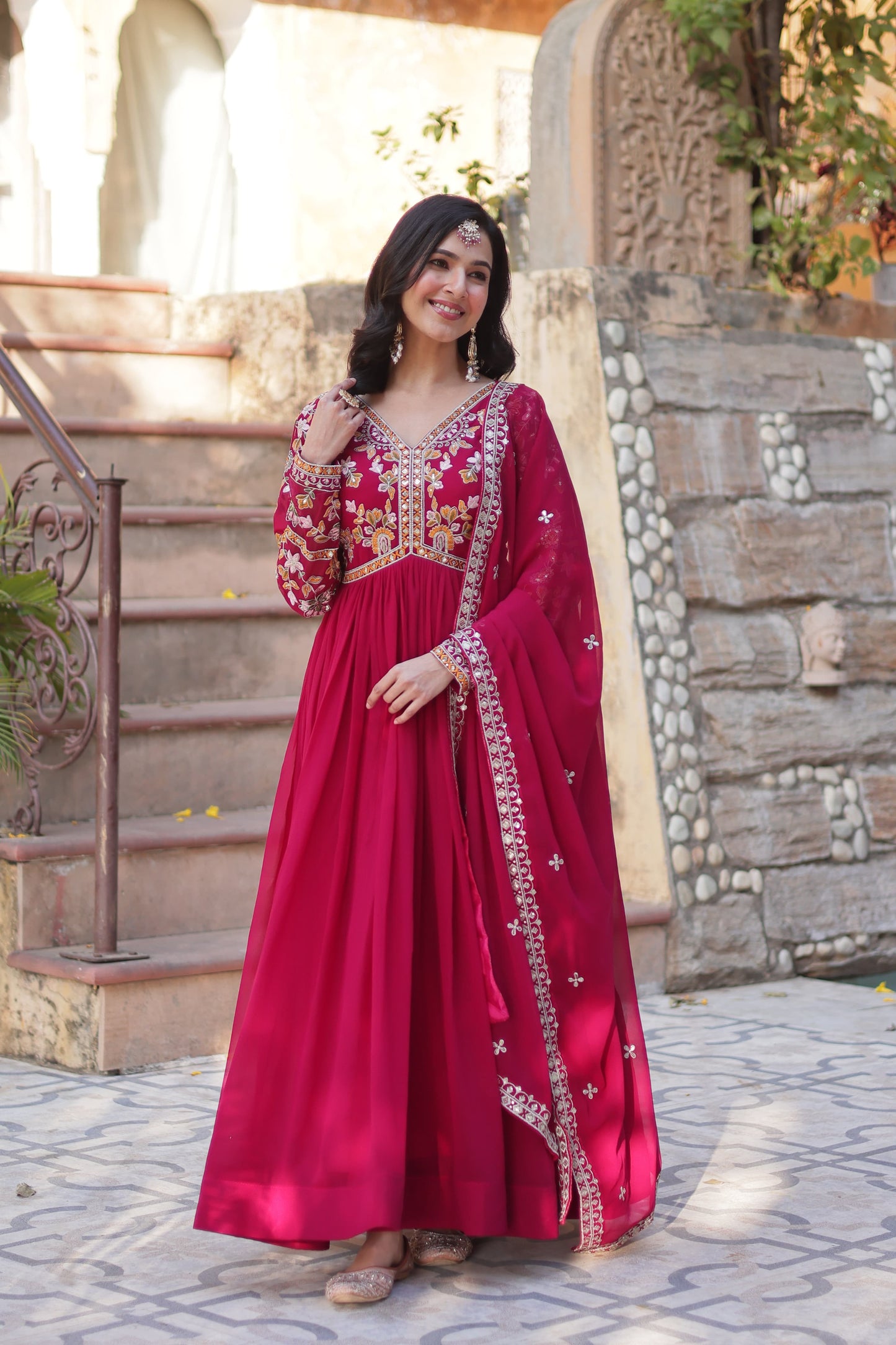 Rani Faux Blooming with Embroidery Zari Sequins Work Gown With Dupatta