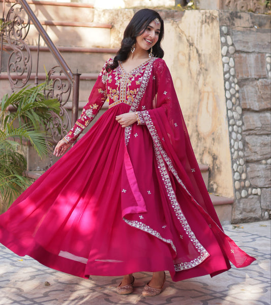 Rani Faux Blooming with Embroidery Zari Sequins Work Gown With Dupatta