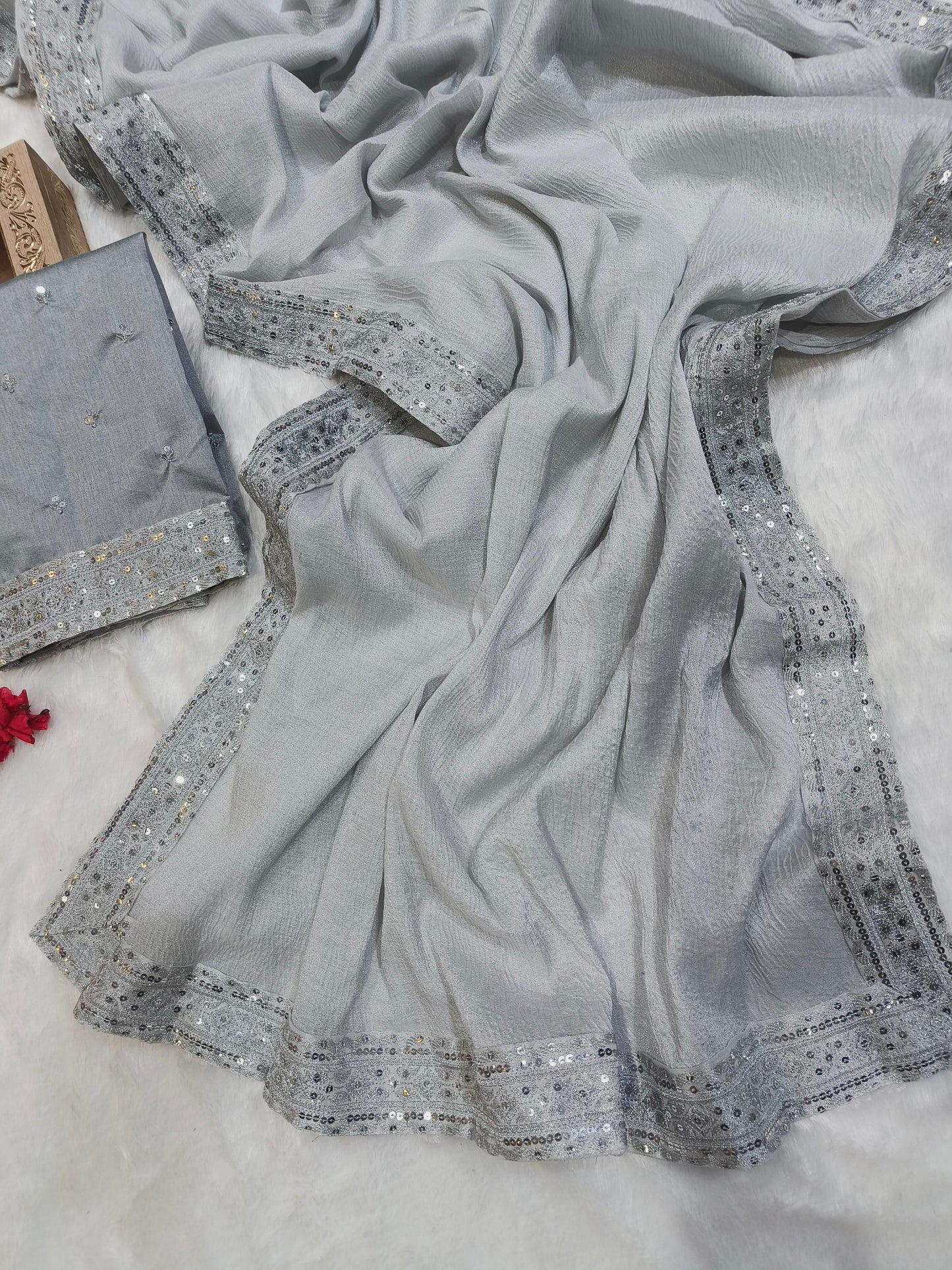 Silver Color Zari Silk Banarasi Crush Saree