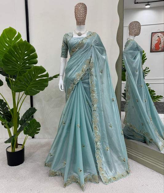 Sky Blue Color Heavy Zimmy Chu Saree