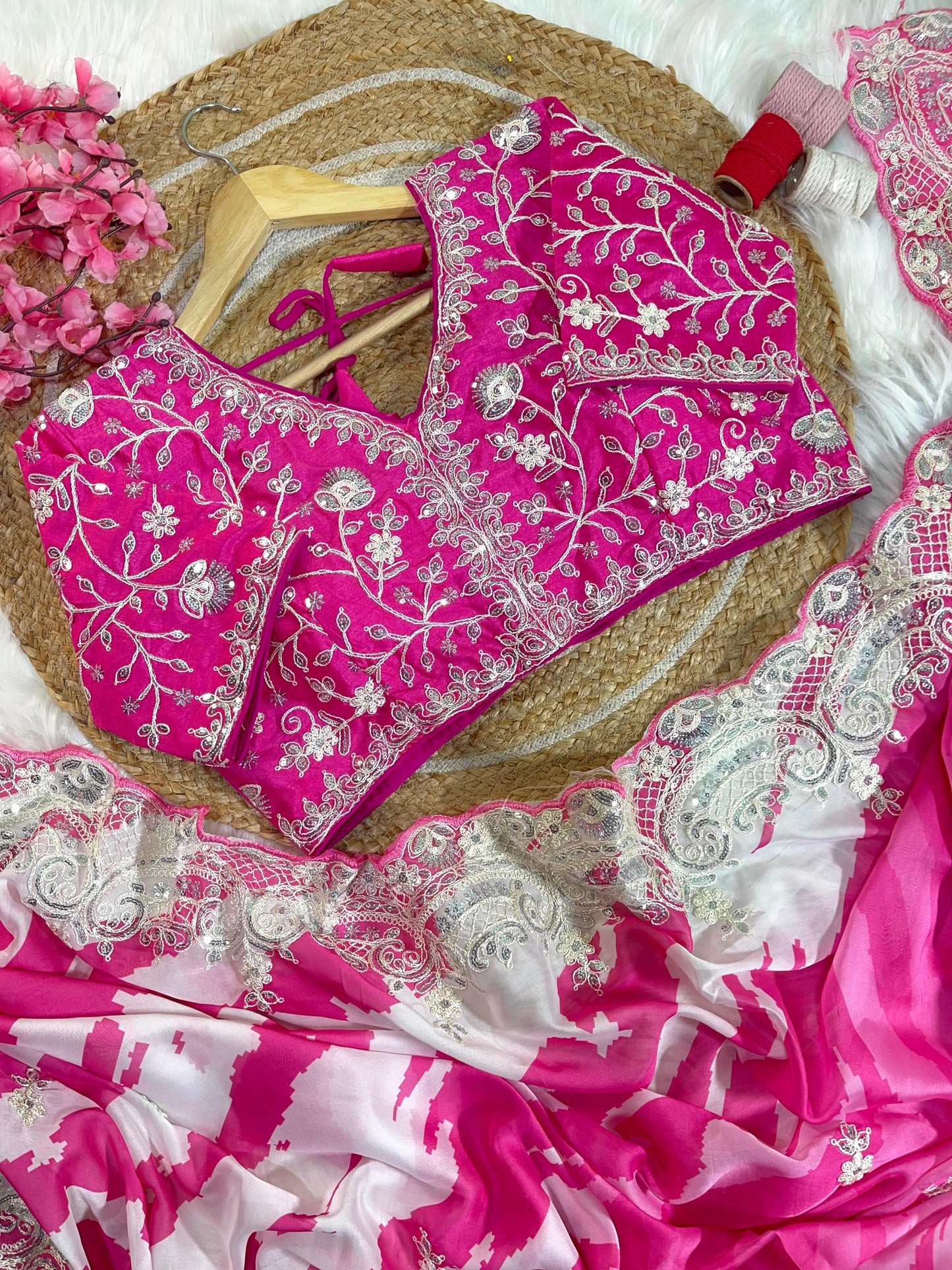 Rani -Pink Soft Rangoli Silk With  Lehariya Digital Prints Saree