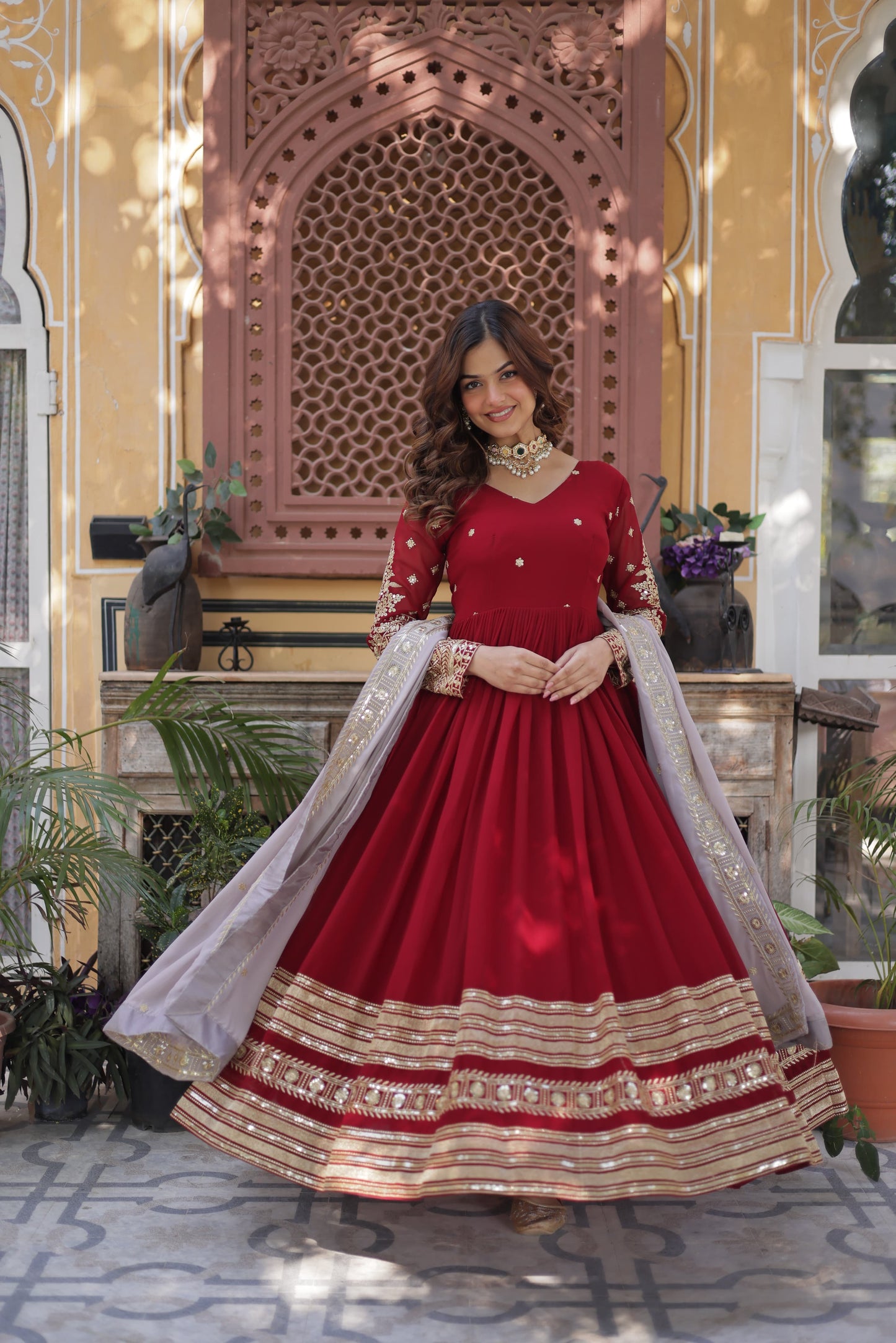 Maroon  Faux Blooming with Embroidery Zari & Sequins Work Gown With Dupatta
