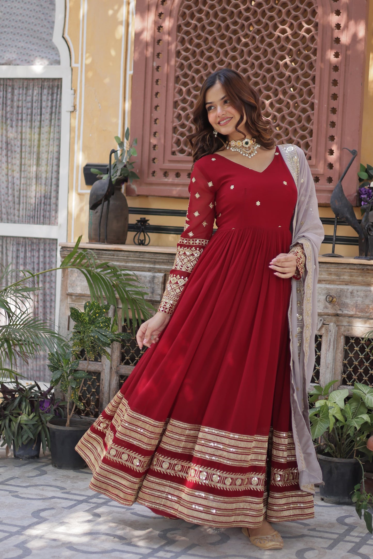 Maroon  Faux Blooming with Embroidery Zari & Sequins Work Gown With Dupatta