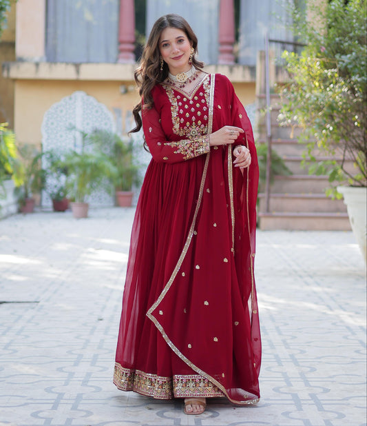 Maroon  Rich sequins Faux Blooming Georgette Gown With Dupatta