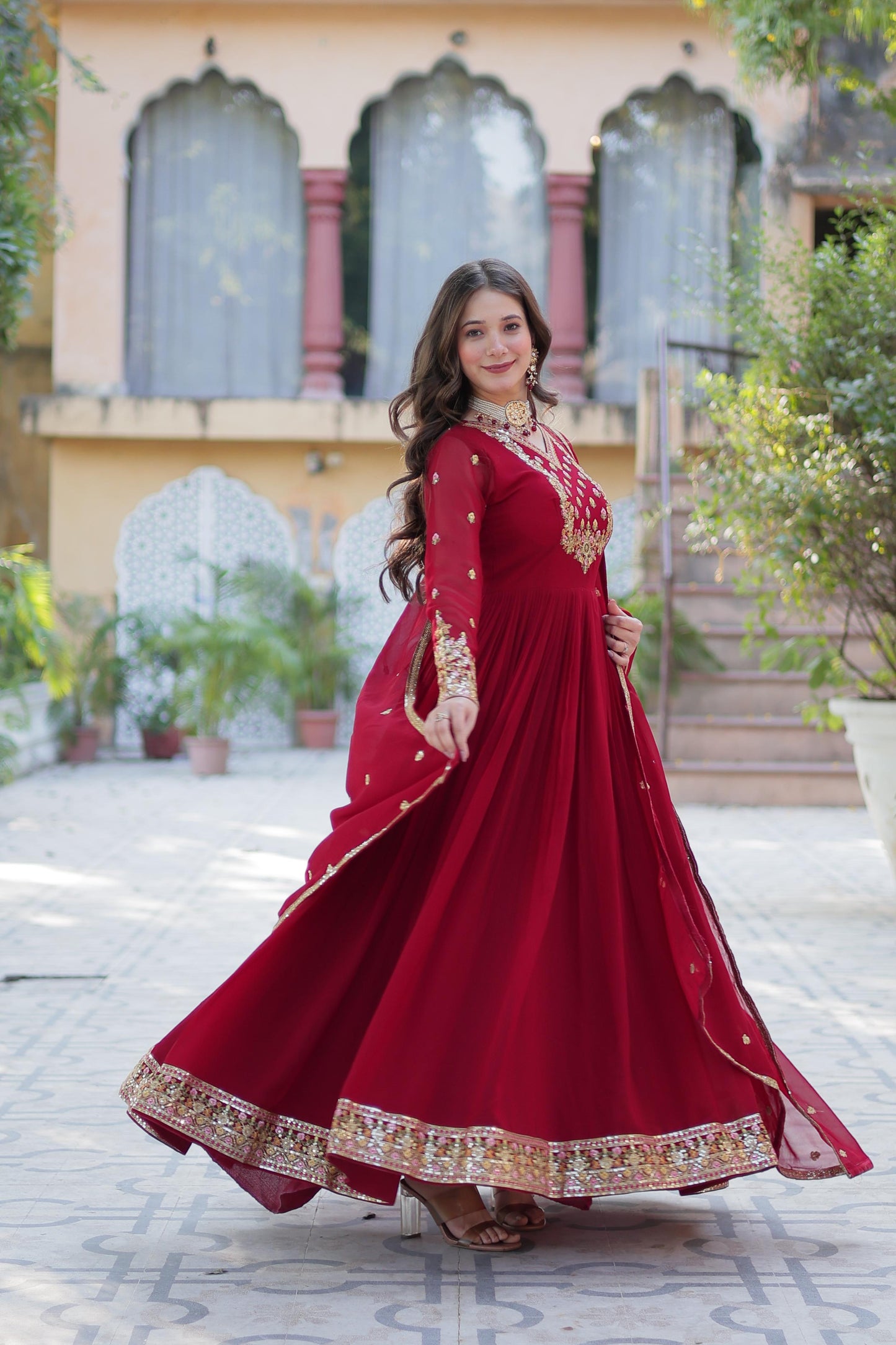 Maroon  Rich sequins Faux Blooming Georgette Gown With Dupatta