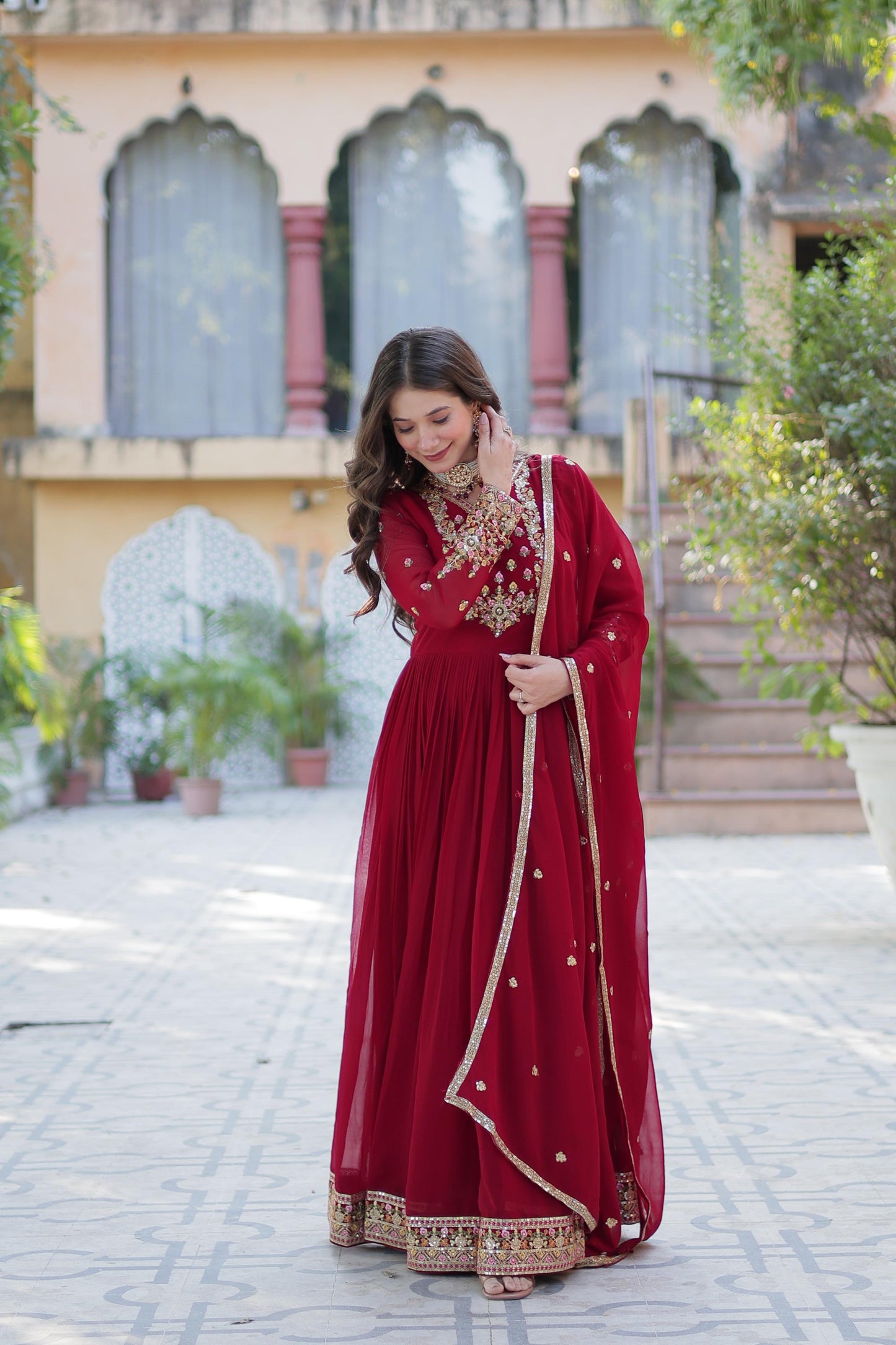 Maroon  Rich sequins Faux Blooming Georgette Gown With Dupatta