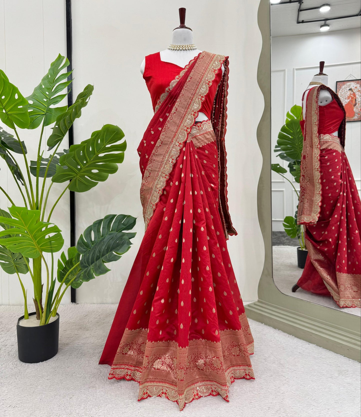 Red Color Sequin Lace Work  Kota Silk Saree