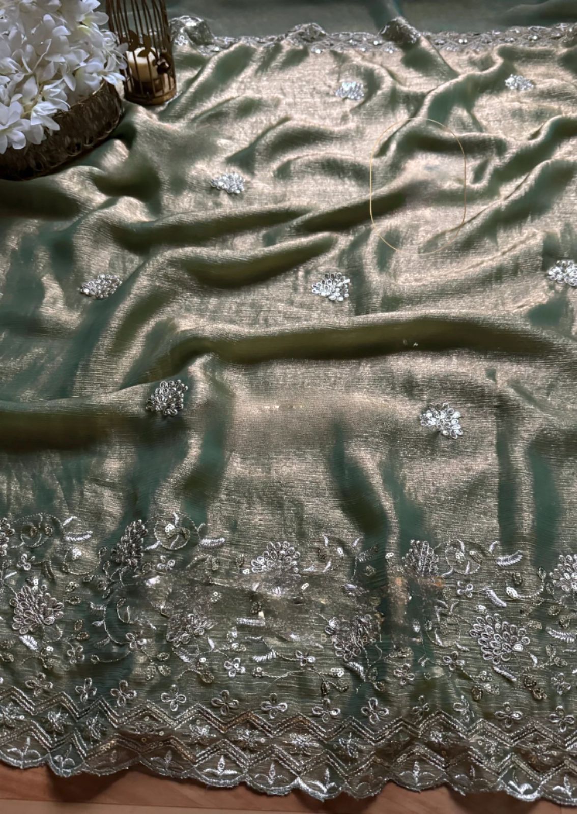 Green Burberry Silk Thread with Sequin Work Saree