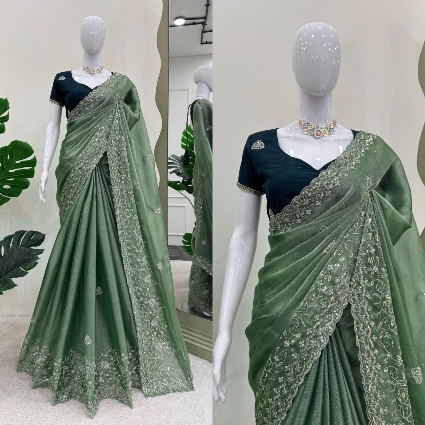 Green Burberry Silk Thread with Sequin Work Saree
