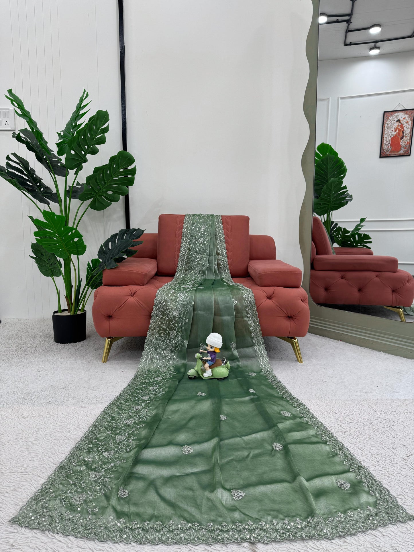 Green Burberry Silk Thread with Sequin Work Saree