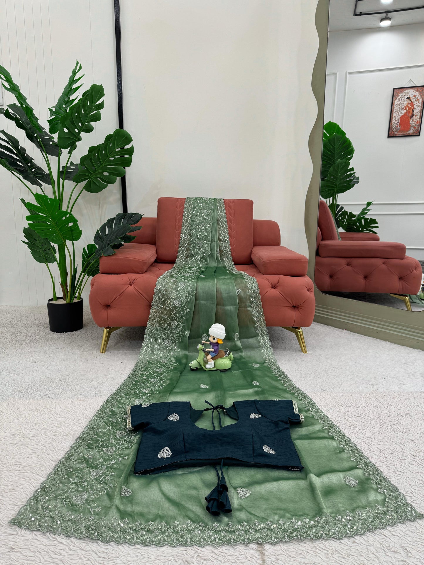 Green Burberry Silk Thread with Sequin Work Saree