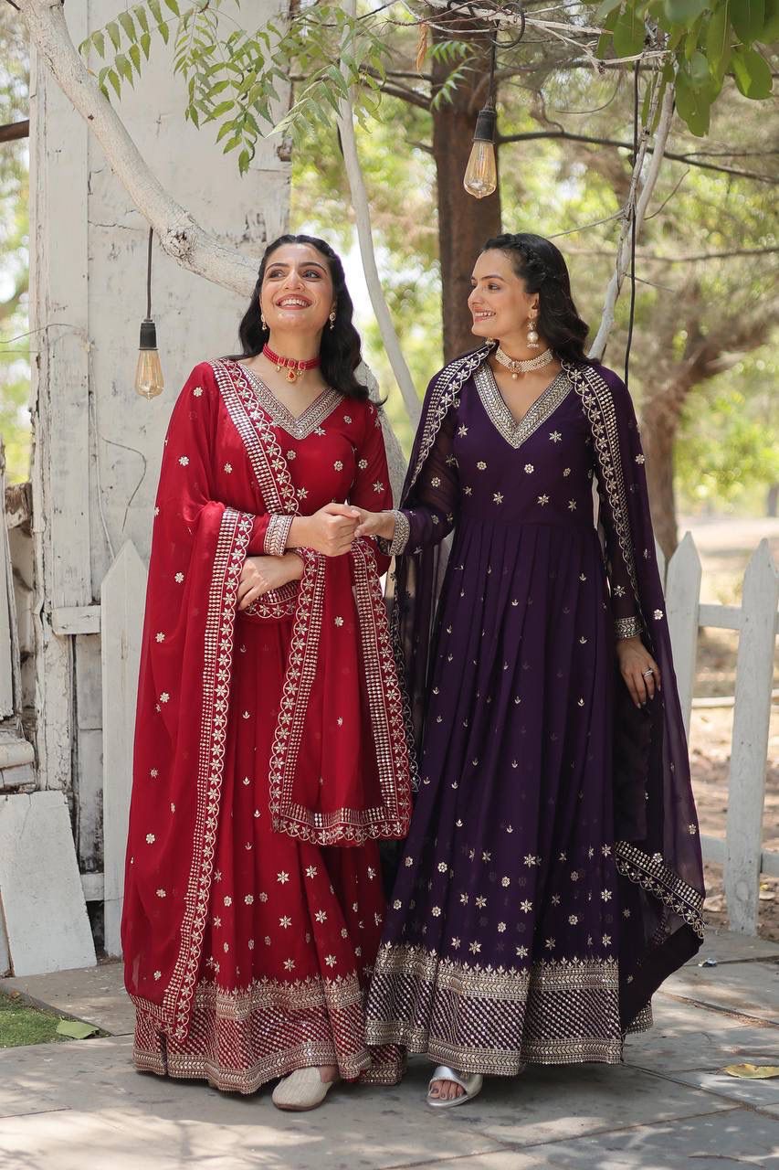 Maroon Rich Sequins Embroidered Work Gown With Dupatta