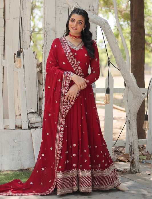 Maroon Rich Sequins Embroidered Work Gown With Dupatta