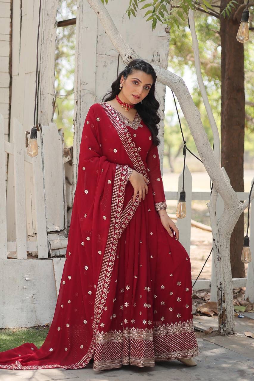 Maroon Rich Sequins Embroidered Work Gown With Dupatta
