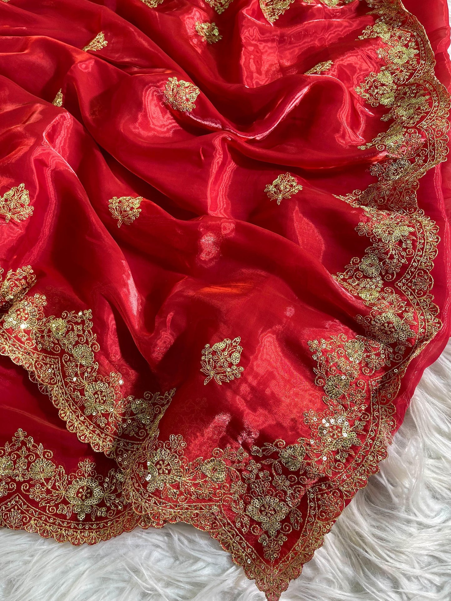 Red Pure Soft Zimmy Choo Silk 3mm Sequins Work Saree