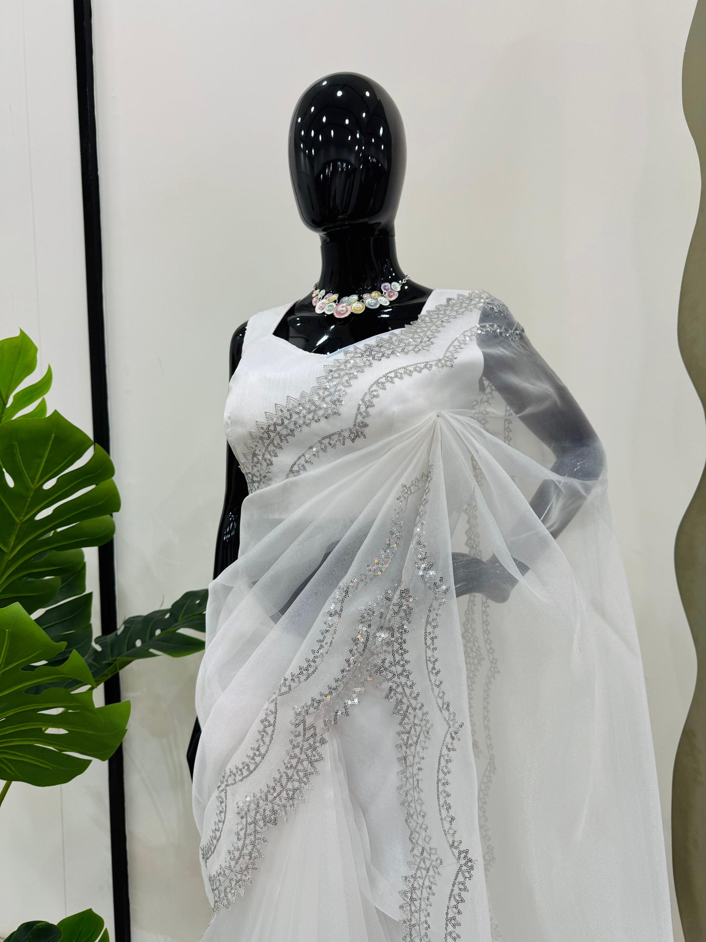 White Heavy Organza Silk With Sequins Work Saree