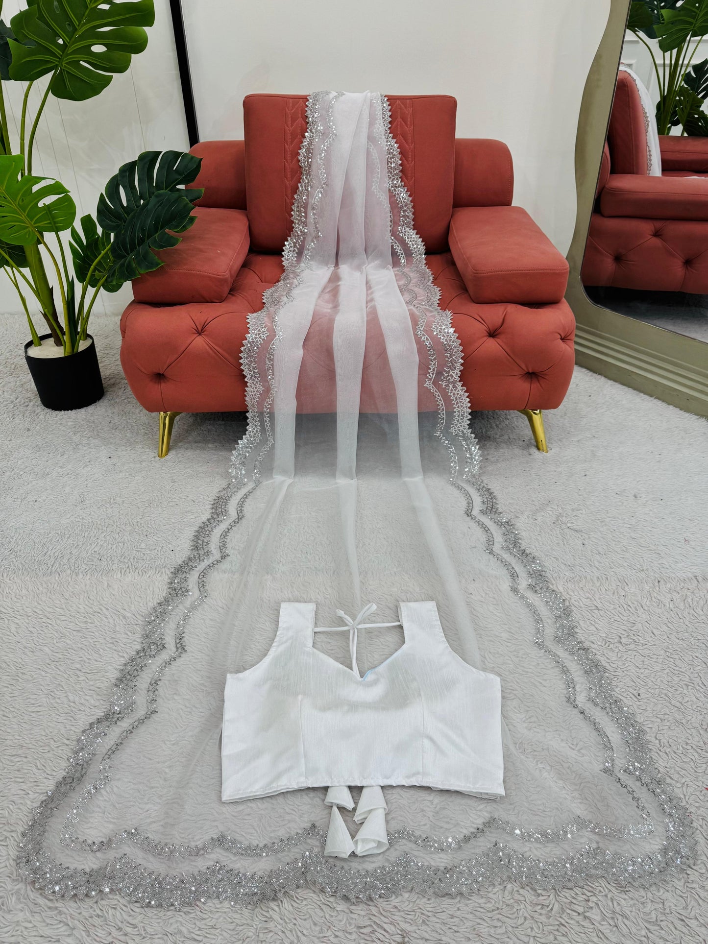 White Heavy Organza Silk With Sequins Work Saree