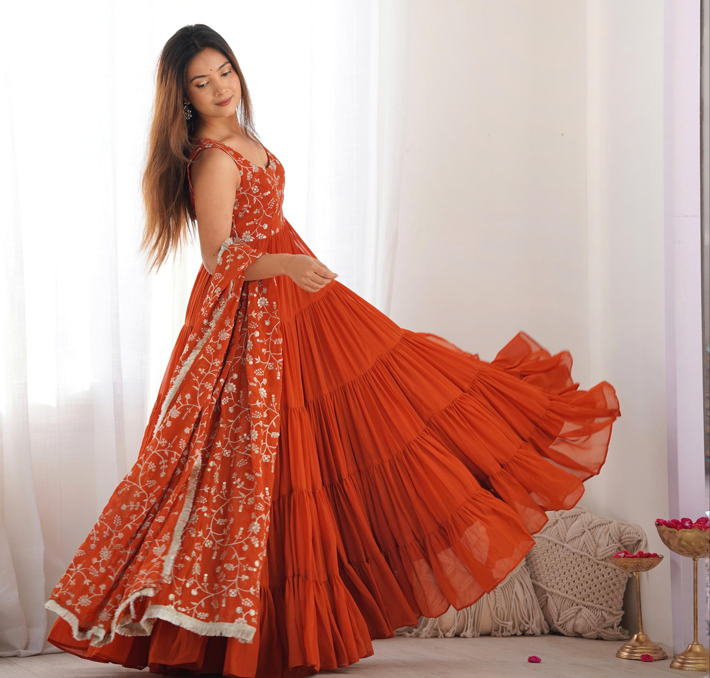 Rust Orange Color Heavy Pure Soft Fox Georgette 3pc Kurta Set