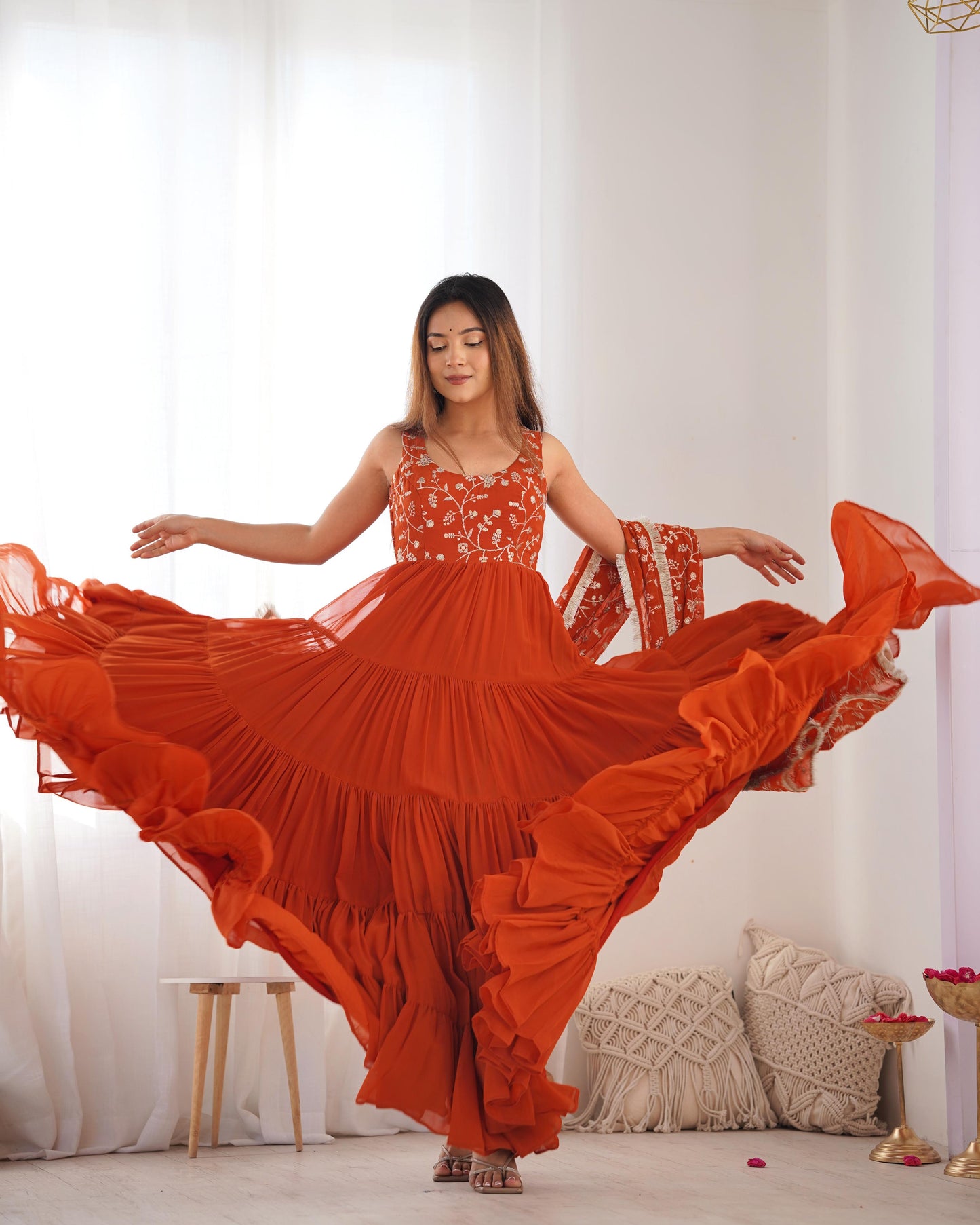 Rust Orange Color Heavy Pure Soft Fox Georgette 3pc Kurta Set