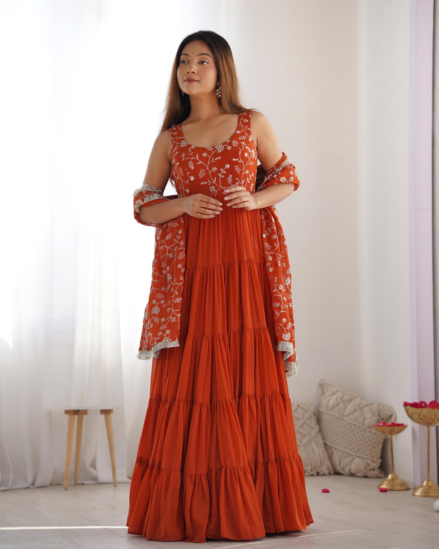 Rust Orange Color Heavy Pure Soft Fox Georgette 3pc Kurta Set