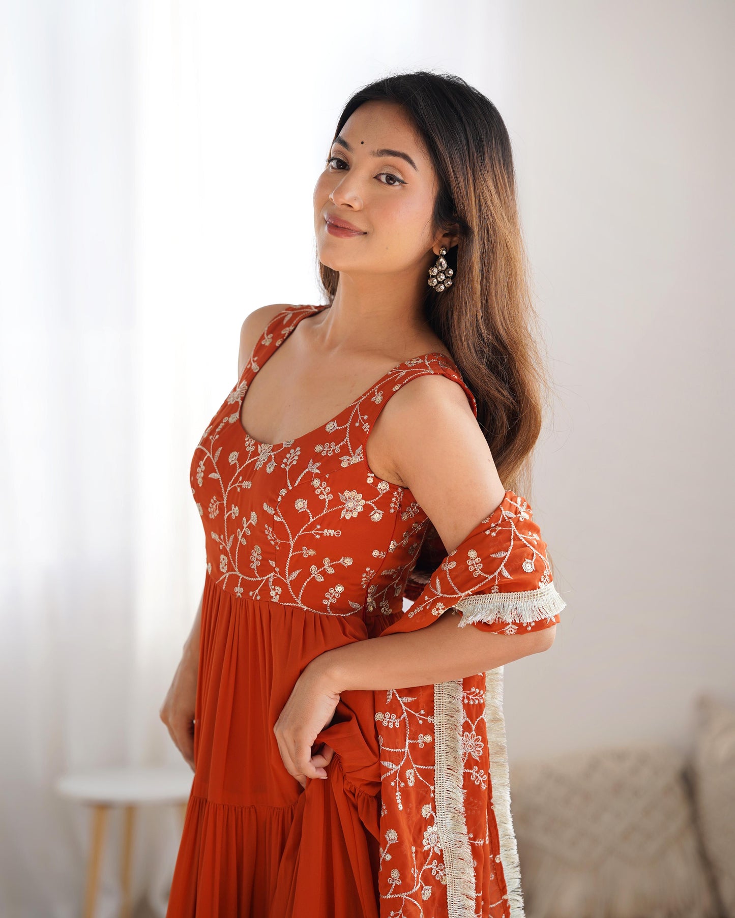 Rust Orange Color Heavy Pure Soft Fox Georgette 3pc Kurta Set