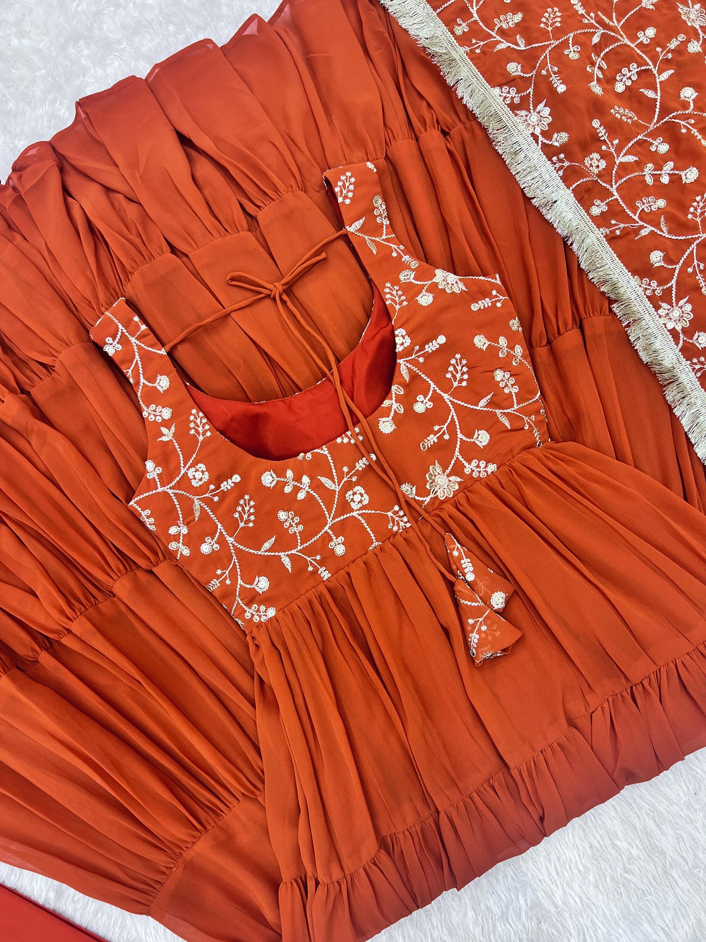 Rust Orange Color Heavy Pure Soft Fox Georgette 3pc Kurta Set