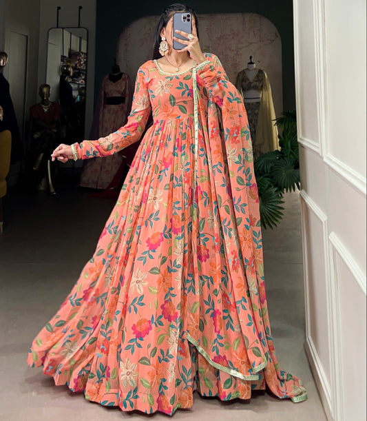 Georgette Floral Print with Lace Touch-Up Gown With Dupatta