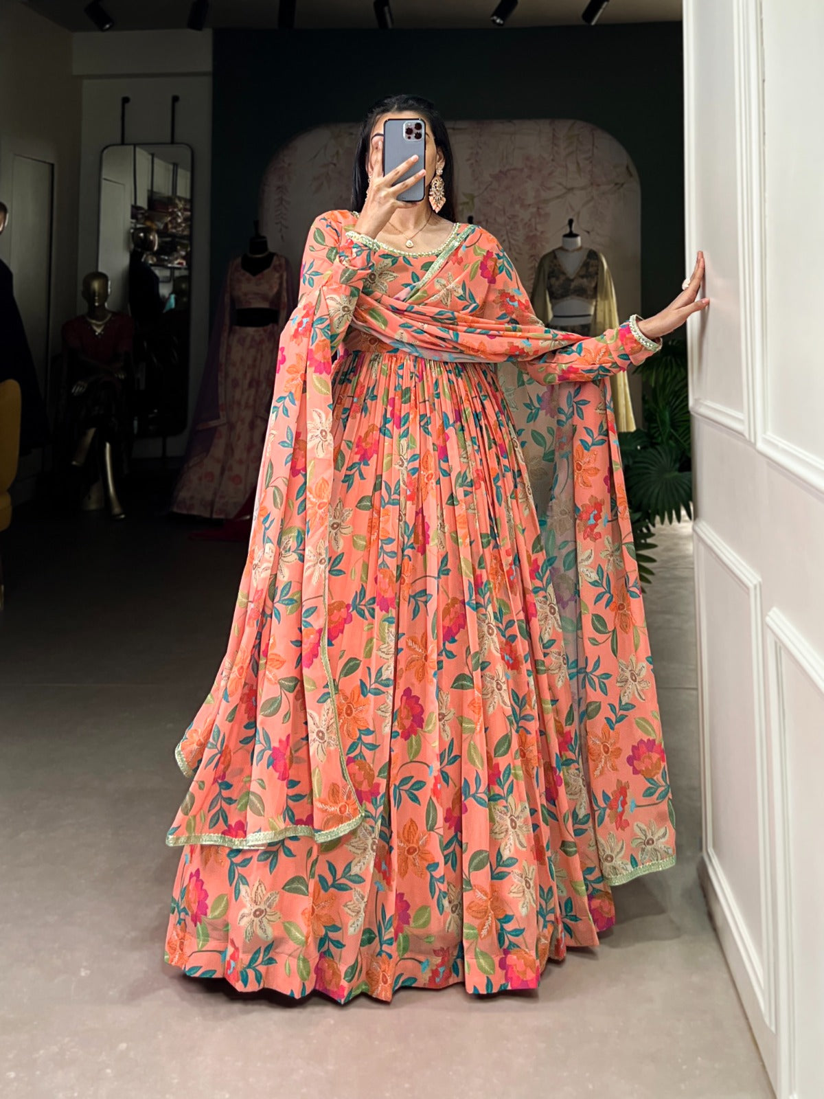 Georgette Floral Print with Lace Touch-Up Gown With Dupatta