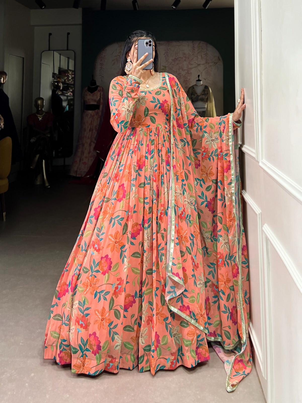 Georgette Floral Print with Lace Touch-Up Gown With Dupatta