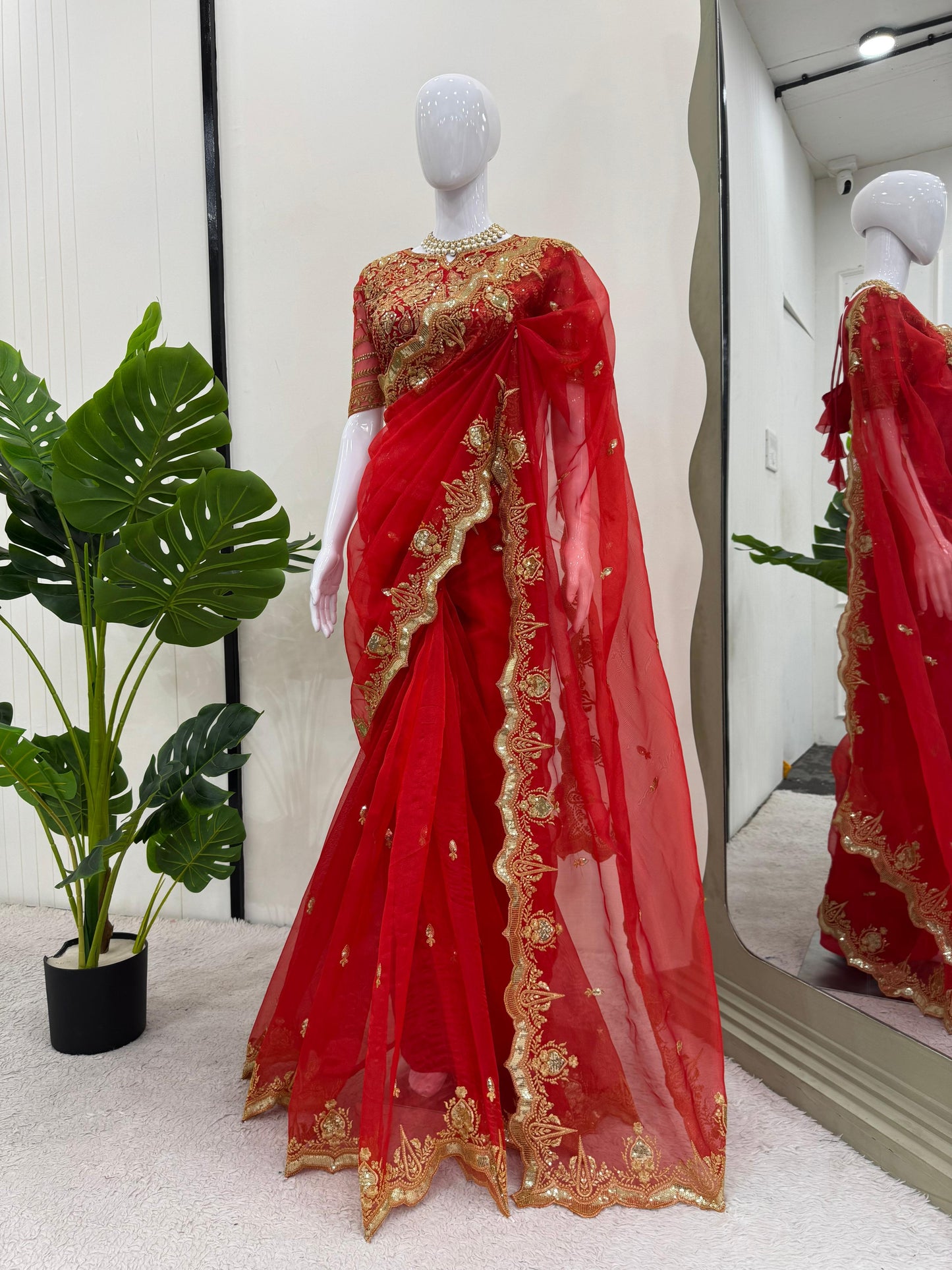 Gorgeous Red Heavy Organza Silk Saree