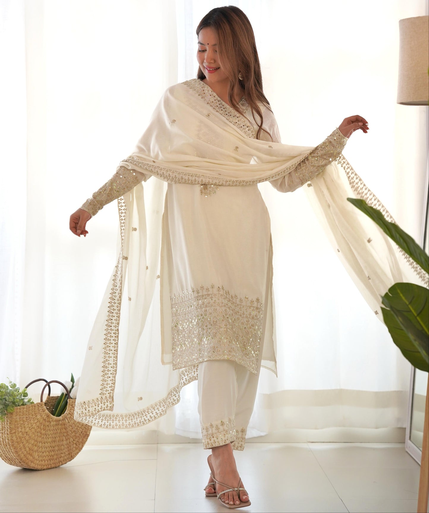 White Pure Chinon Silk Embroidery with Sequins &Jari Work 3pc Kurta Set