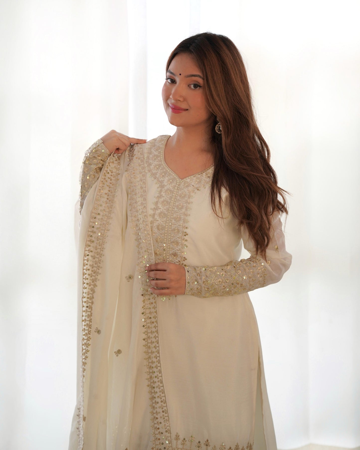 White Pure Chinon Silk Embroidery with Sequins &Jari Work 3pc Kurta Set