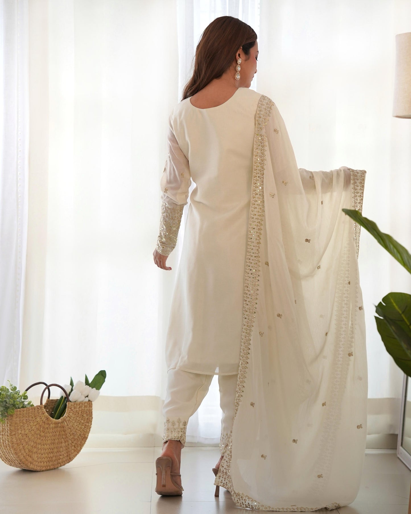 White Pure Chinon Silk Embroidery with Sequins &Jari Work 3pc Kurta Set
