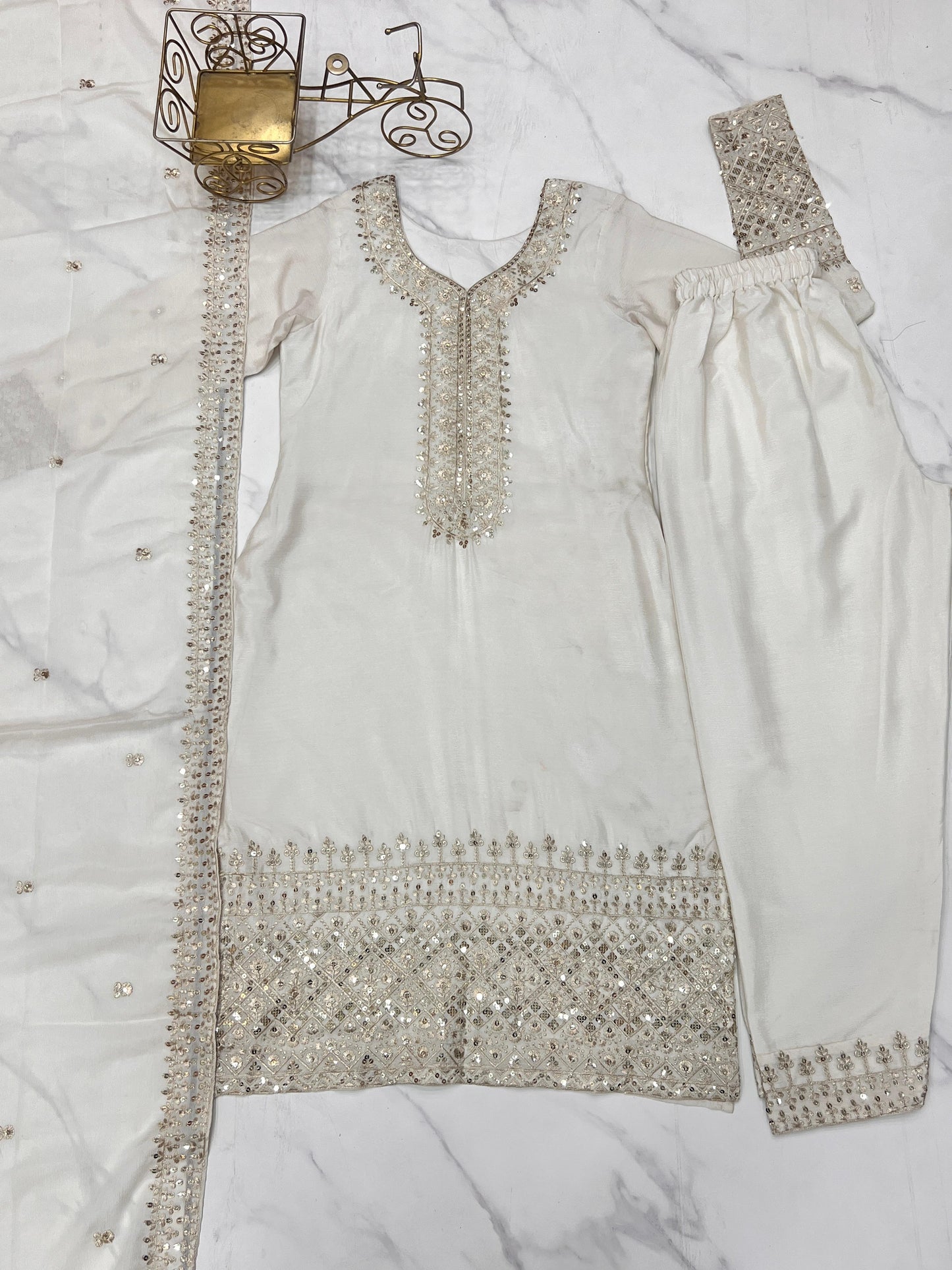 White Pure Chinon Silk Embroidery with Sequins &Jari Work 3pc Kurta Set