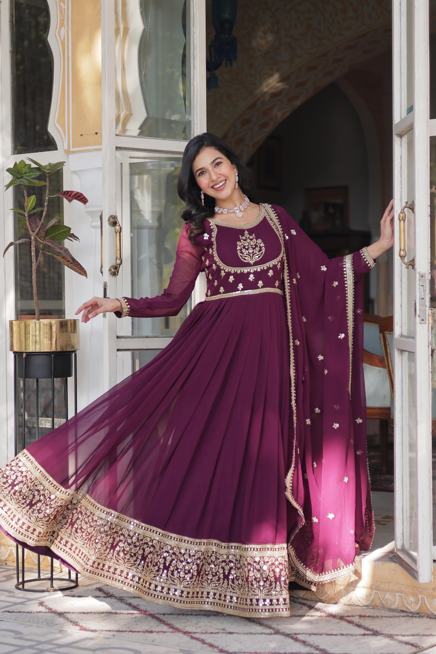 Pink Faux Blooming Georgette with Rich Sequins Embroidered Work Gown With Dupatta