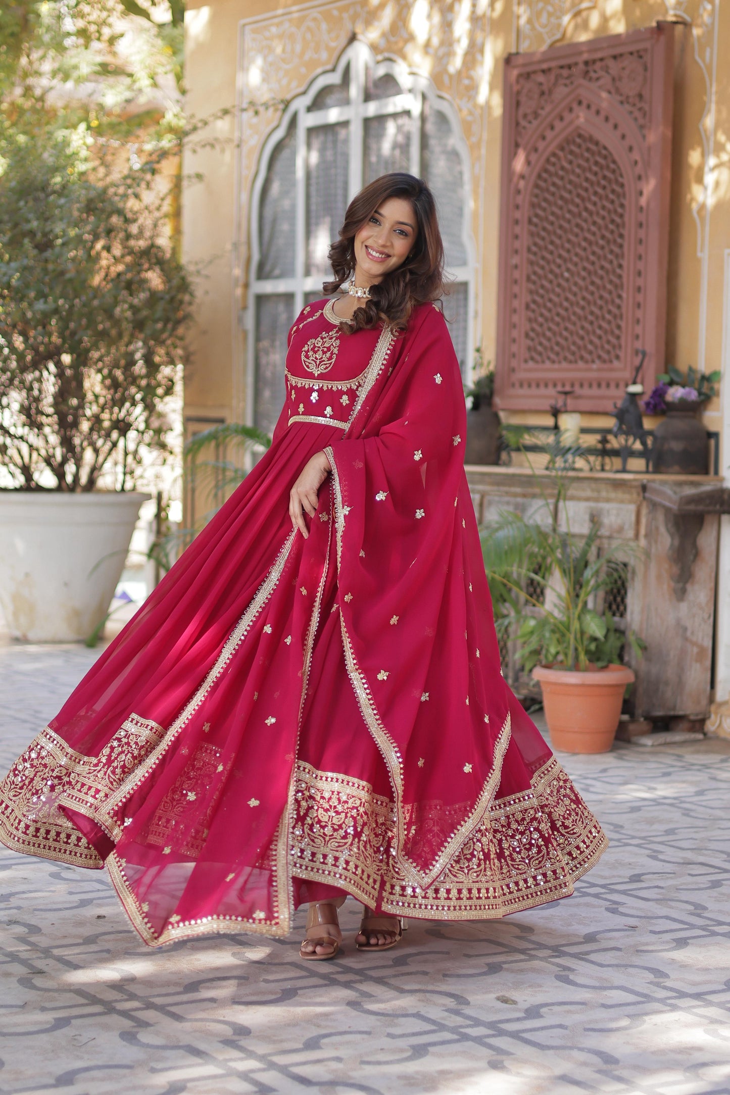 Pink Faux Blooming Georgette with Rich Sequins Embroidered Work Gown With Dupatta